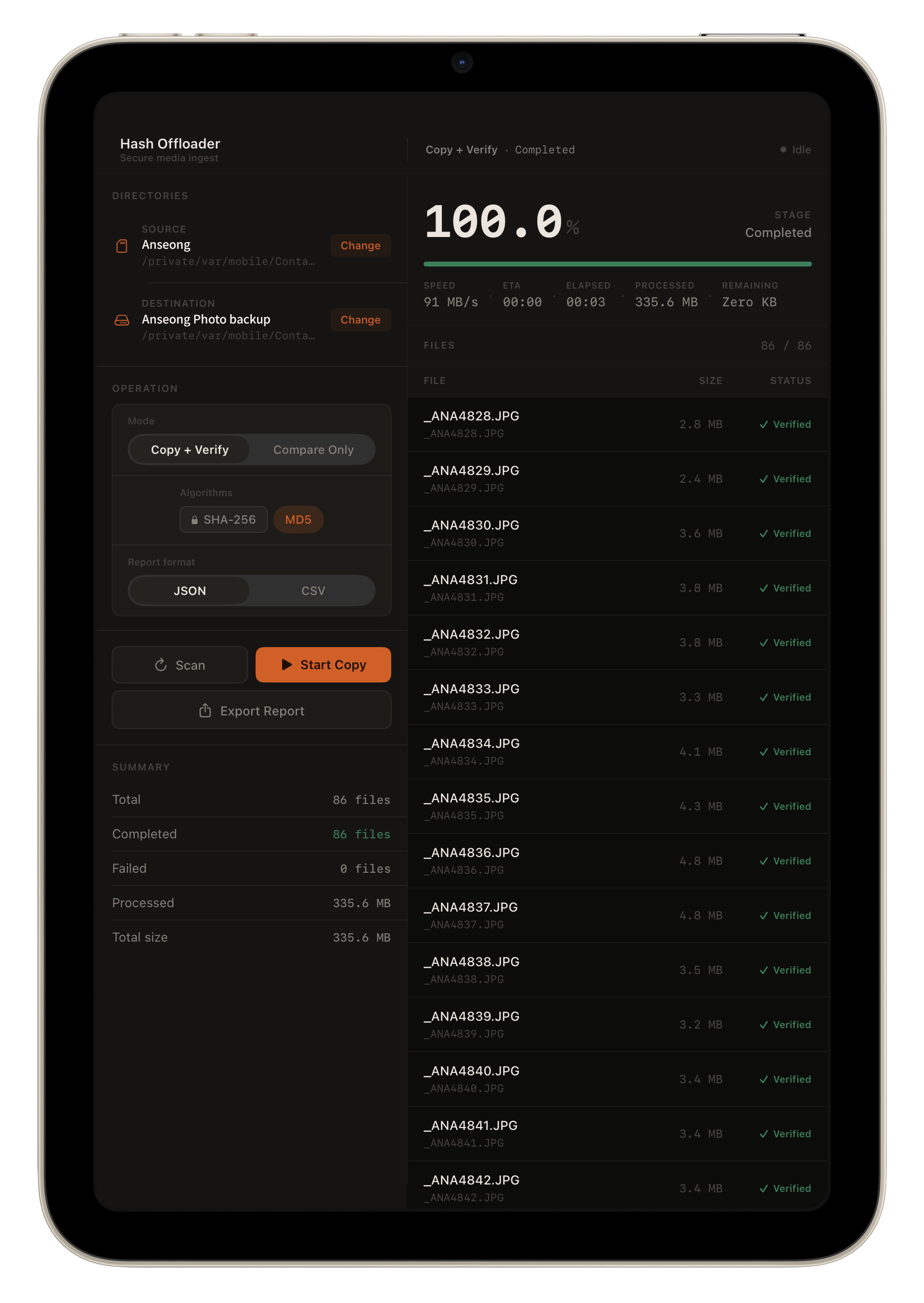 Hash completed transfer with export report button and verified image files
