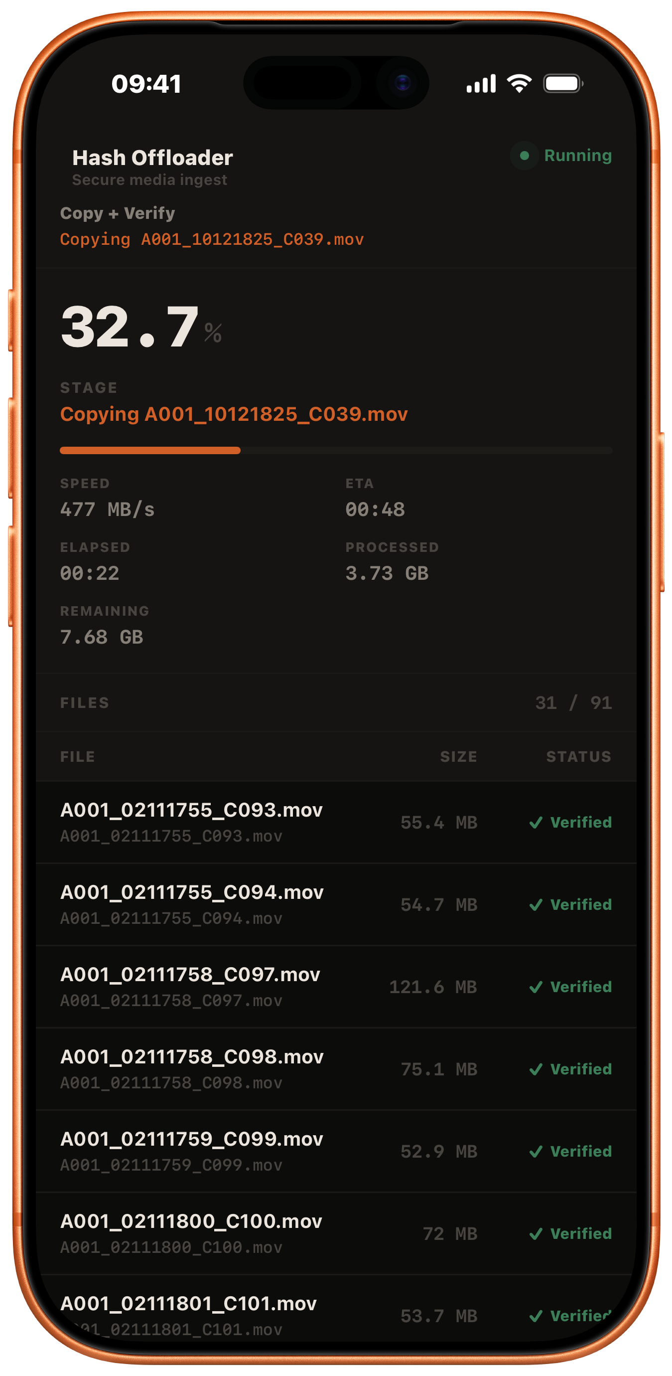 Hash running transfer screen