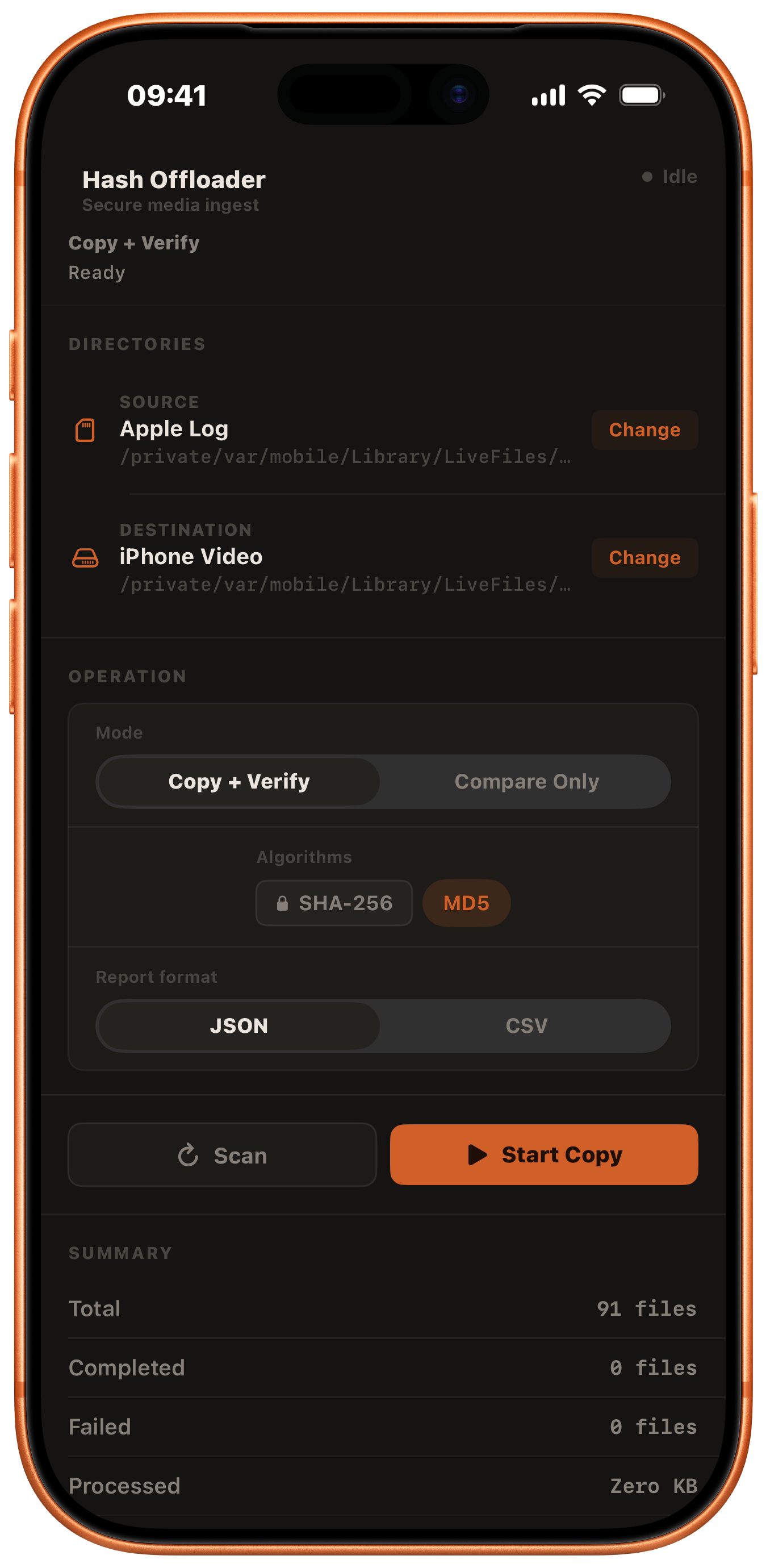 Hash setup screen with source, destination, algorithms, and report format
